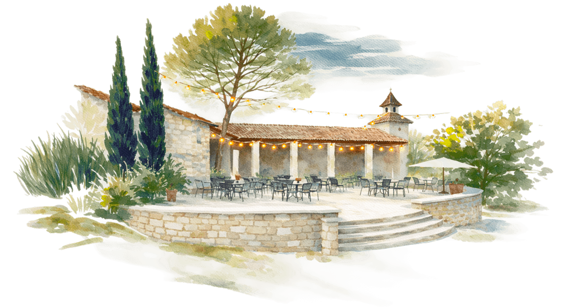 Aquarelle du Domaine Les Gaillardoux : terrasse en pierre, cyprès et guirlandes lumineuses