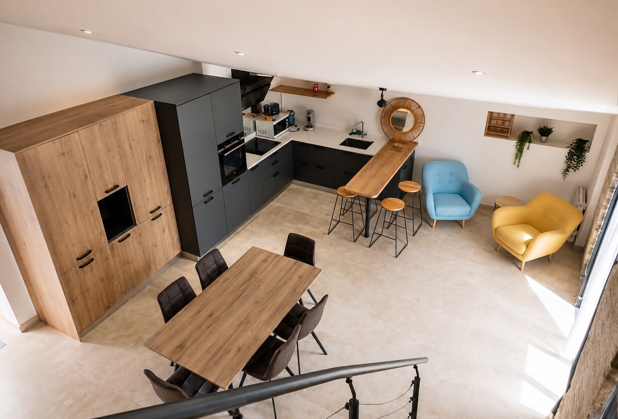 Cuisine et salle à manger sous rampants, vues depuis la mezzanine