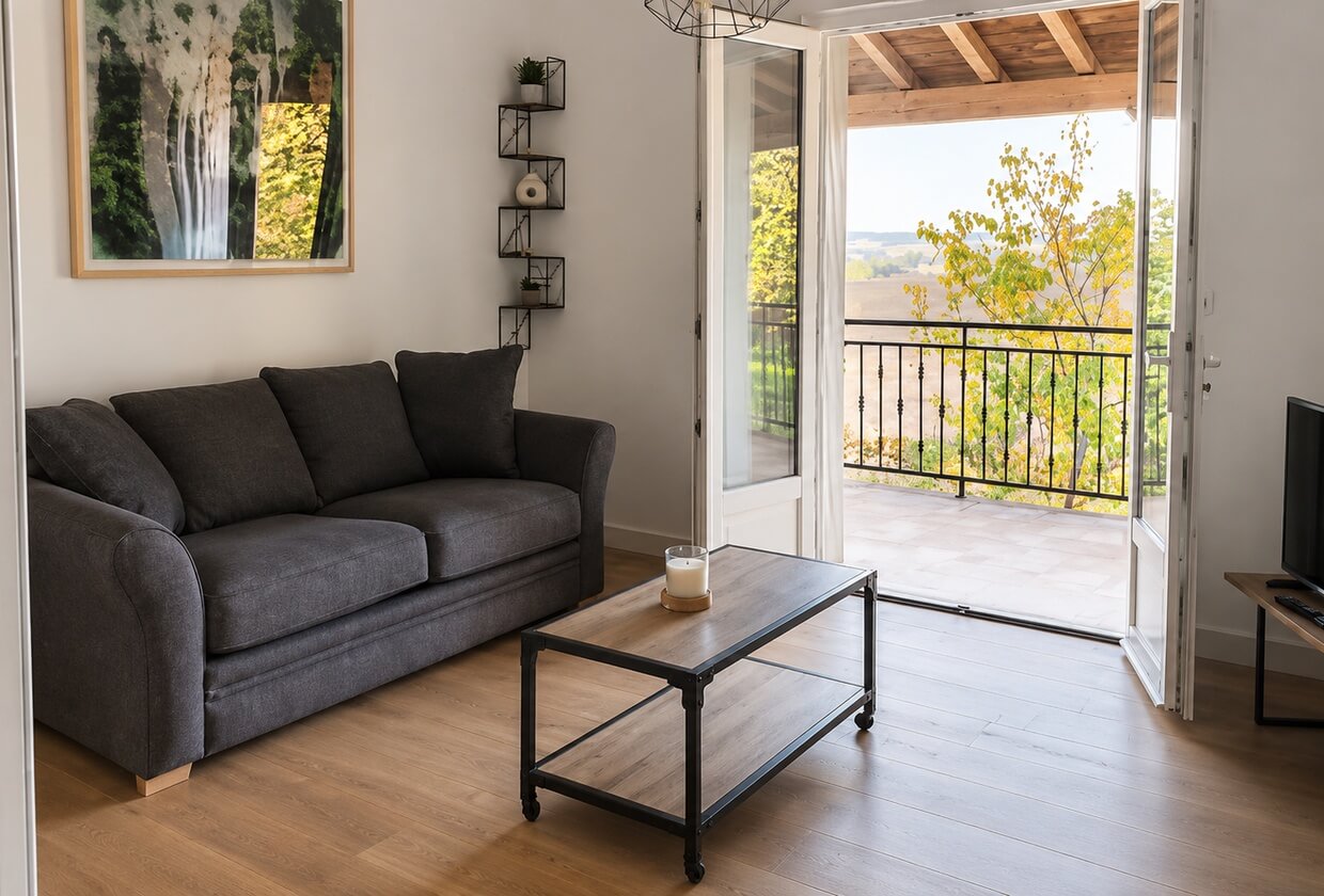 Salon et sa porte-fenêtre ouverte sur la terrasse et la campagne
