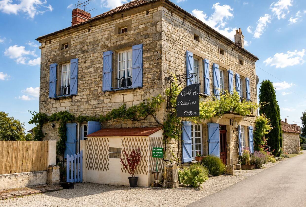 Maison en pierre du Quercy aux volets bleus, café et chambres d'hôtes