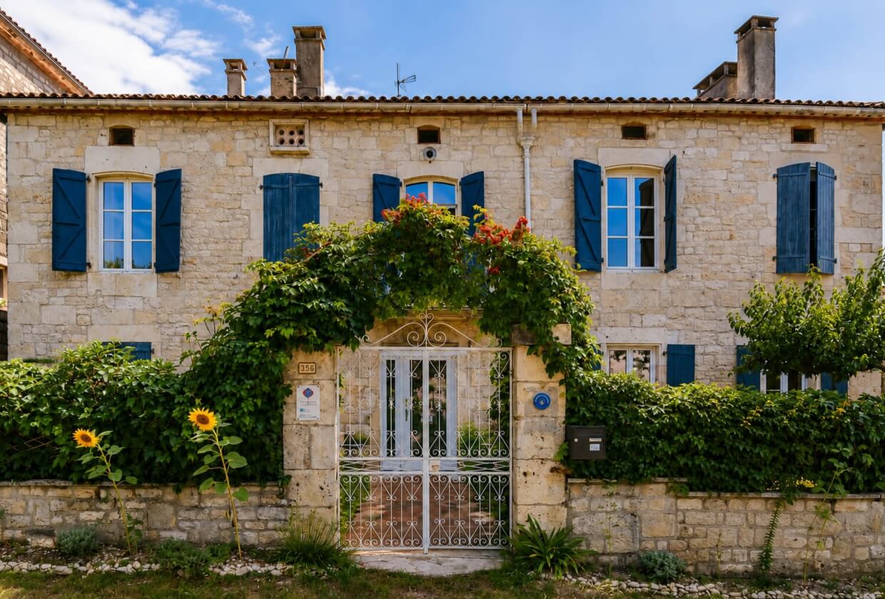 Maison de maître en pierre aux volets bleu nuit, portail en fer forgé et vigne vierge