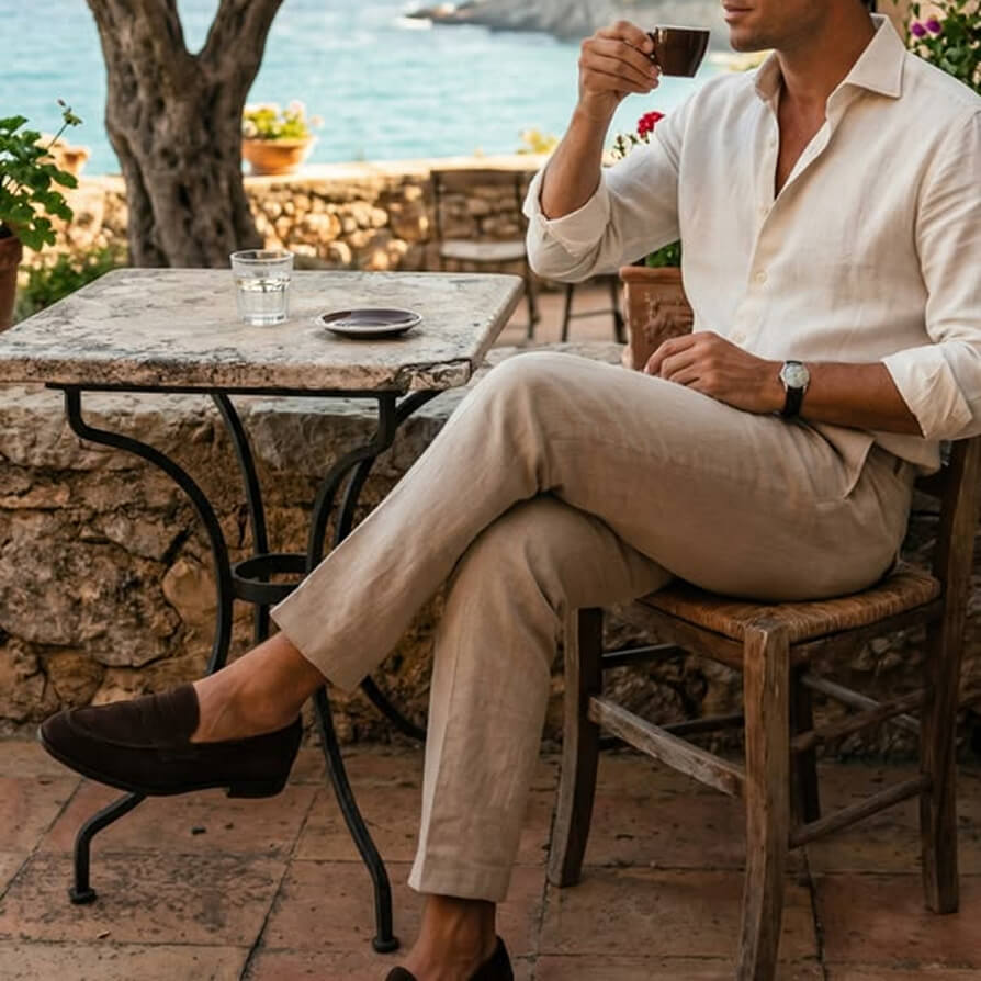 Homme en chemise de lin clair buvant un café en terrasse face à la mer